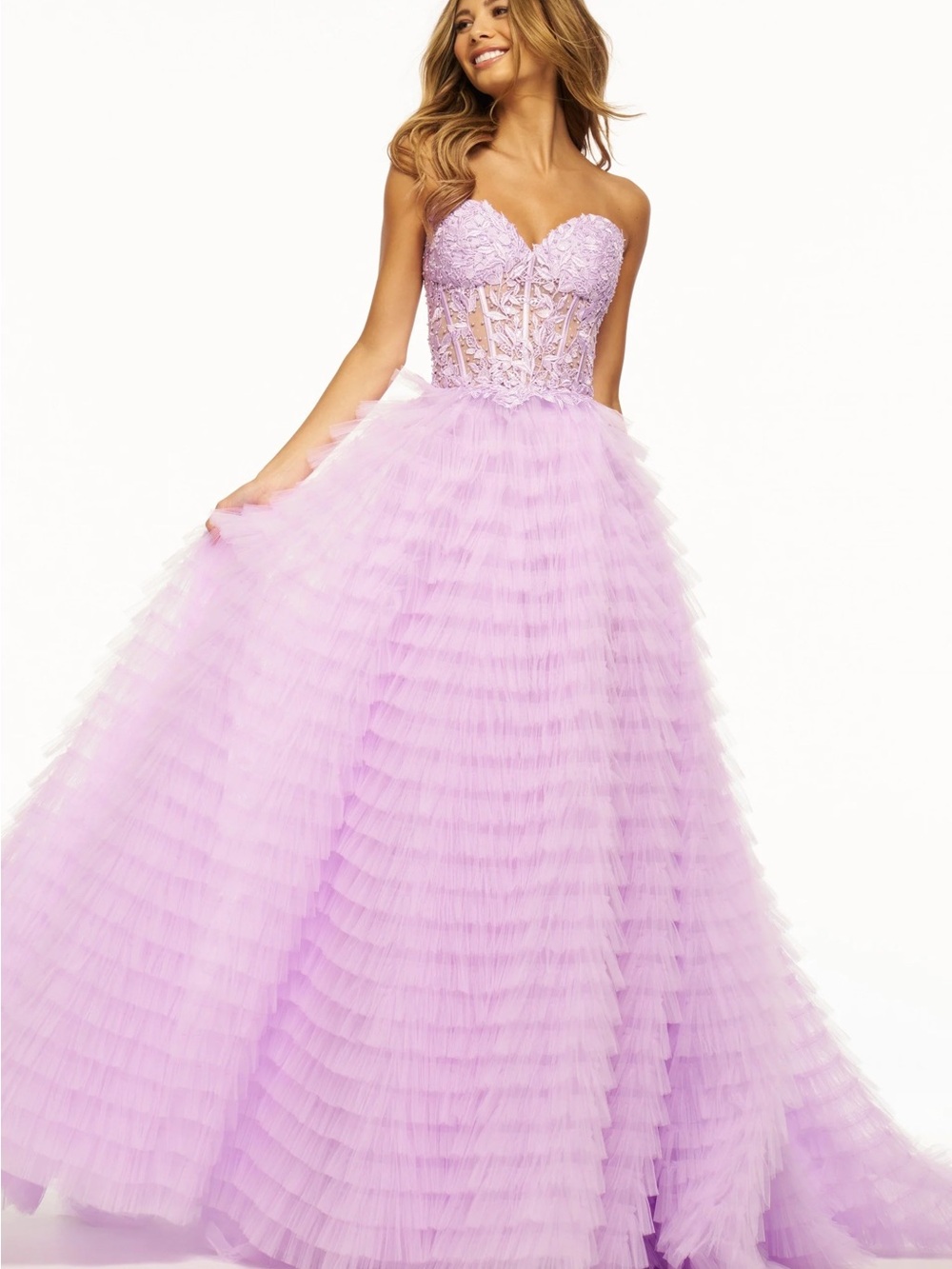 Sherri Hill 56042 Lavender Strapless Ruffled Tulle Ball Gown